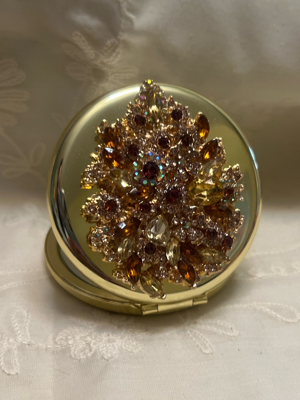 Handcrafted Gold Compact Mirror with Vintage Amber Crystal Cluster Brooch Accent